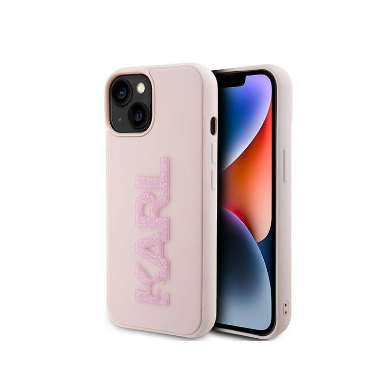 Karl Lagerfeld 3D Rubber Glitter Logo dėklas iPhone 15 - rožinis