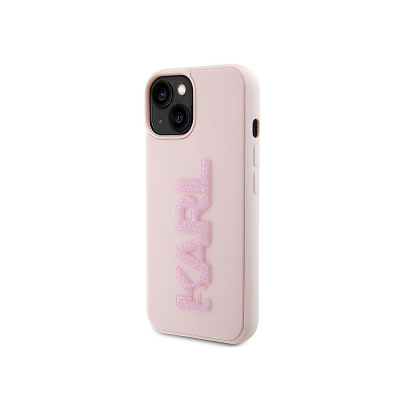 Karl Lagerfeld 3D Rubber Glitter Logo dėklas iPhone 15 - rožinis