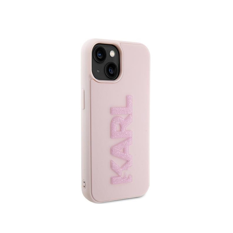 Karl Lagerfeld 3D Rubber Glitter Logo dėklas iPhone 15 - rožinis