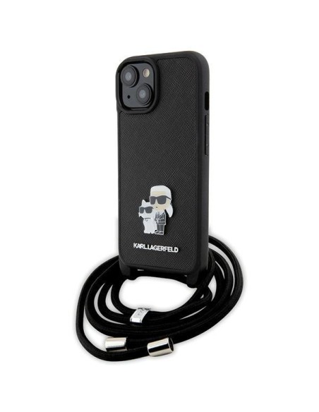 Karl Lagerfeld Crossbody Saffiano Metal Pin Karl&Choupette dėklas iPhone 15 - juodas Karl Lagerfeld Crossbody Saffiano Metal Pin Karl&Choupette dėklas iPhone 15 - juodas