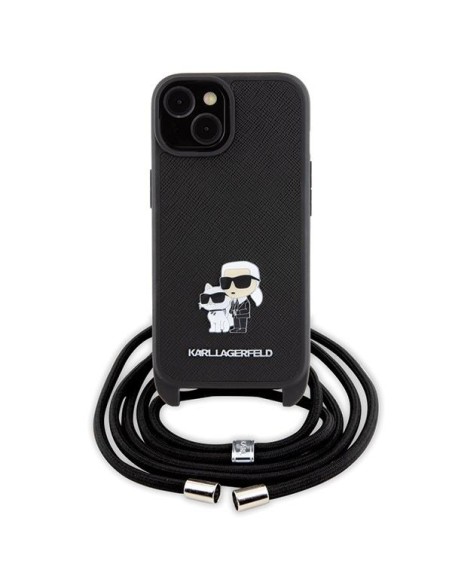 Karl Lagerfeld Crossbody Saffiano Metal Pin Karl&Choupette dėklas iPhone 15 - juodas Karl Lagerfeld Crossbody Saffiano Metal Pin Karl&Choupette dėklas iPhone 15 - juodas