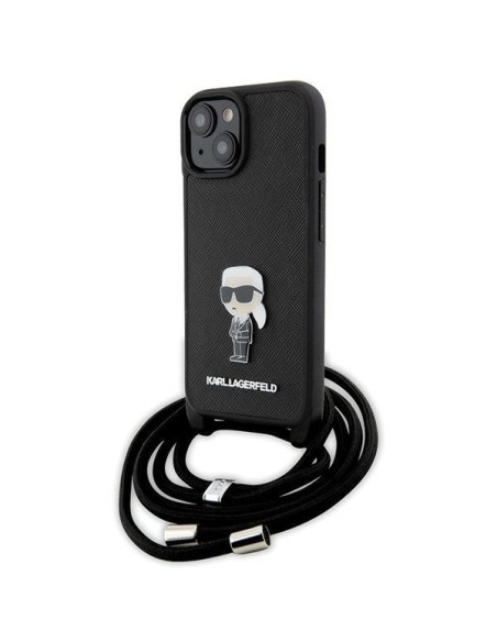 Karl Lagerfeld Crossbody Saffiano Monogram Metal Pin Karl & Choupette Dėklas, skirtas iPhone 15 – juodas Karl Lagerfeld Crossbody Saffiano Monogram Metal Pin Karl & Choupette Dėklas, skirtas iPhone 15 – juodas