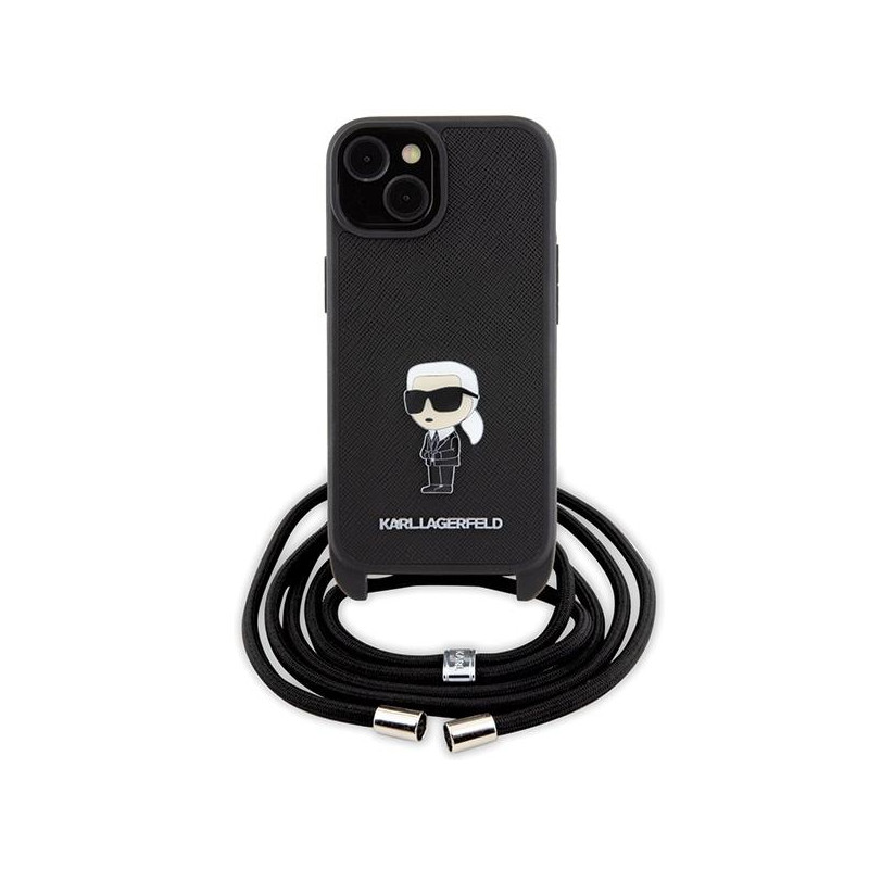 Karl Lagerfeld Crossbody Saffiano Monogram Metal Pin Karl & Choupette Dėklas, skirtas iPhone 15 – juodas