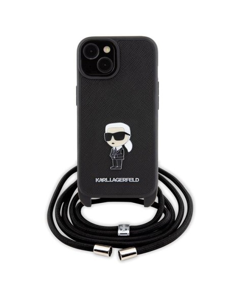 Karl Lagerfeld Crossbody Saffiano Monogram Metal Pin Karl & Choupette Dėklas, skirtas iPhone 15 – juodas Karl Lagerfeld Crossbody Saffiano Monogram Metal Pin Karl & Choupette Dėklas, skirtas iPhone 15 – juodas