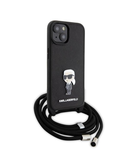 Karl Lagerfeld Crossbody Saffiano Monogram Metal Pin Karl & Choupette Dėklas, skirtas iPhone 15 – juodas Karl Lagerfeld Crossbody Saffiano Monogram Metal Pin Karl & Choupette Dėklas, skirtas iPhone 15 – juodas