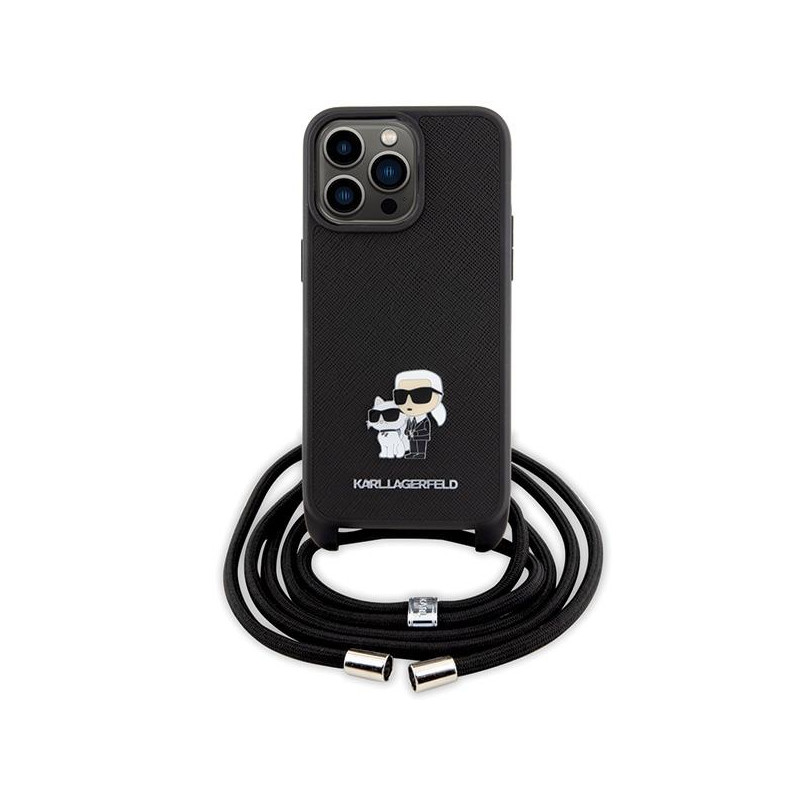 Karl Lagerfeld Crossbody Saffiano Metal Pin Karl&Choupette dėklas, skirtas iPhone 15 Pro Max - juodas