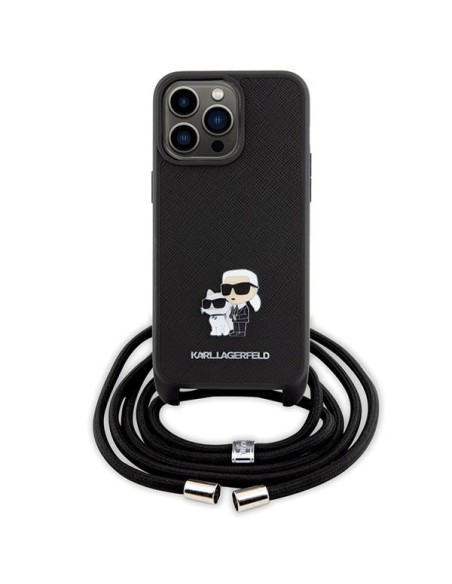 Karl Lagerfeld Crossbody Saffiano Metal Pin Karl&Choupette dėklas, skirtas iPhone 15 Pro Max - juodas Karl Lagerfeld Crossbody Saffiano Metal Pin Karl&Choupette dėklas, skirtas iPhone 15 Pro Max - juodas