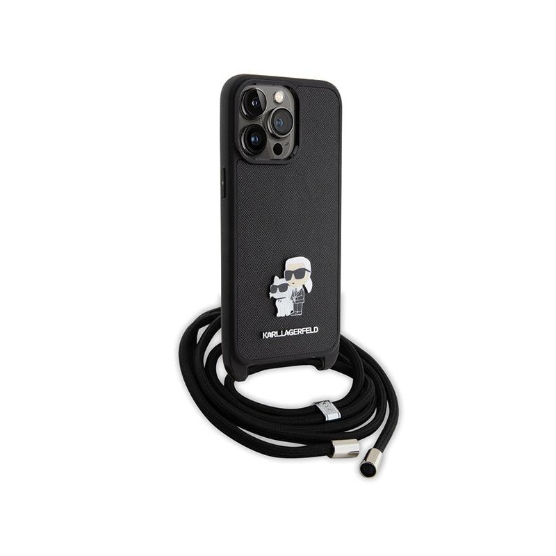 Karl Lagerfeld Crossbody Saffiano Metal Pin Karl&Choupette dėklas, skirtas iPhone 15 Pro Max - juodas