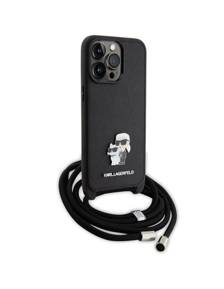 Karl Lagerfeld Crossbody Saffiano Metal Pin Karl&Choupette dėklas, skirtas iPhone 15 Pro Max - juodas Karl Lagerfeld Crossbody Saffiano Metal Pin Karl&Choupette dėklas, skirtas iPhone 15 Pro Max - juodas