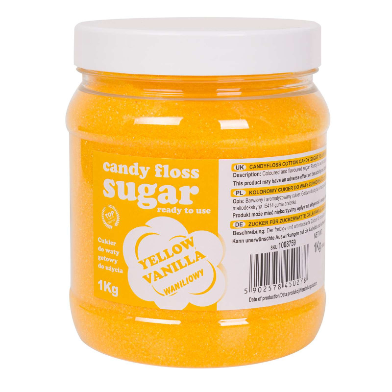 Spalvotas cukrus cukraus vatai geltono vanilės skonio 1kg Spalvotas cukrus cukraus vatai geltono vanilės skonio 1kg
