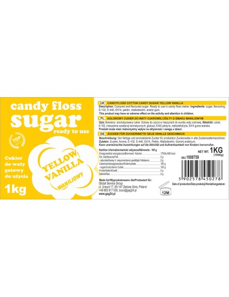 Spalvotas cukrus cukraus vatai geltono vanilės skonio 1kg Spalvotas cukrus cukraus vatai geltono vanilės skonio 1kg