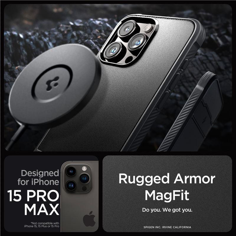 Spigen Rugged Armor Mag dėklas su MagSafe, skirtas iPhone 15 Pro Max - matinė juoda