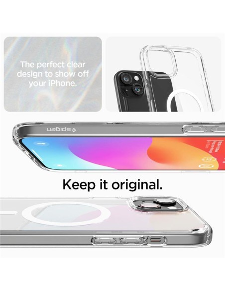 Spigen Crystal Hybrid MagSafe dėklas iPhone 15 - skaidrus ir baltas