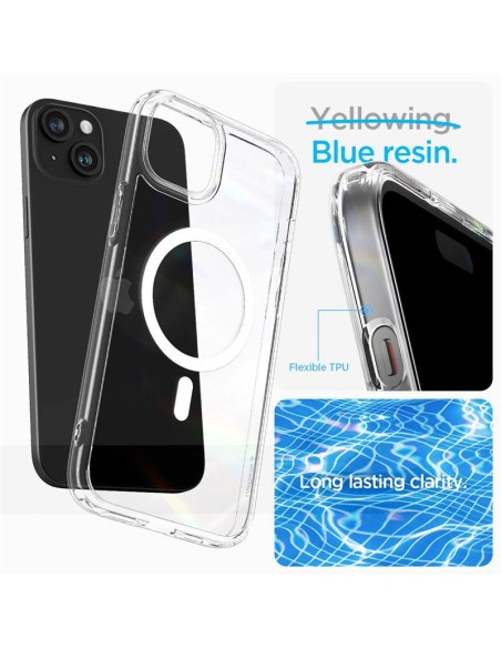 Spigen Crystal Hybrid MagSafe dėklas iPhone 15 - skaidrus ir baltas
