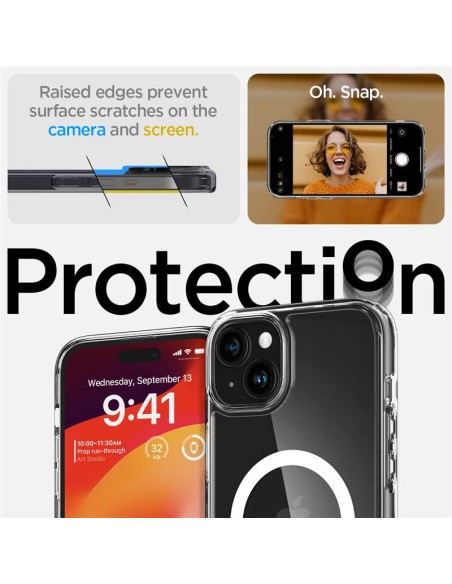 Spigen Crystal Hybrid MagSafe dėklas iPhone 15 - skaidrus ir baltas