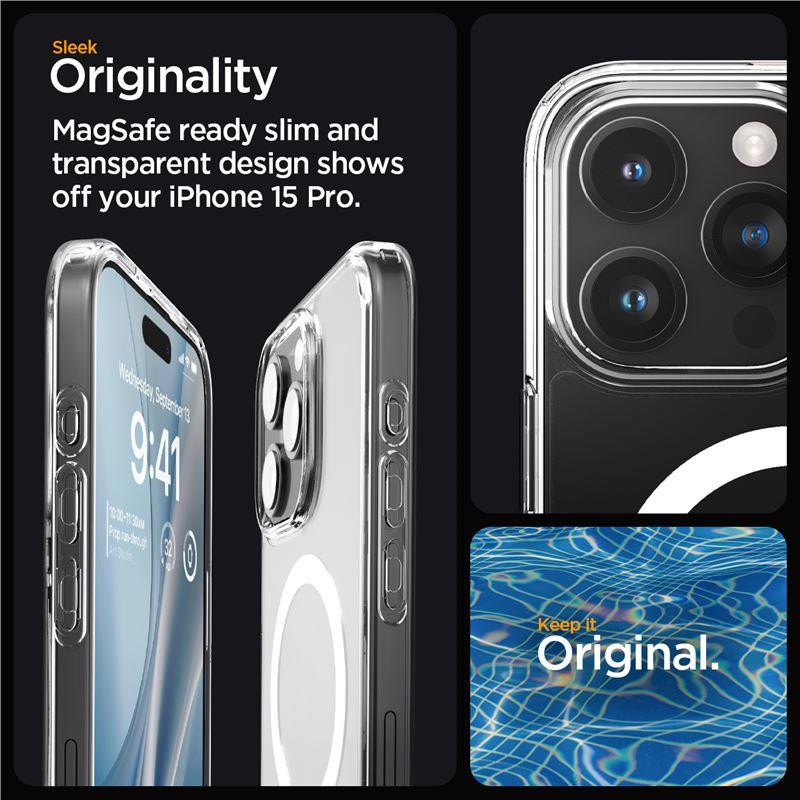 Spigen Crystal Hybrid MagSafe dėklas iPhone 15 Pro - skaidrus ir baltas