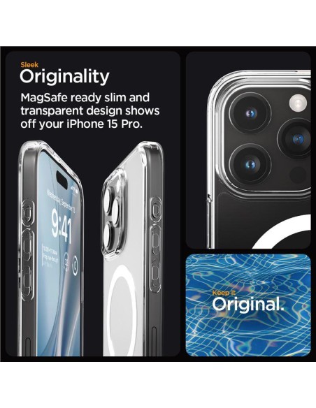 Spigen Crystal Hybrid MagSafe dėklas iPhone 15 Pro - skaidrus ir baltas Spigen Crystal Hybrid MagSafe dėklas iPhone 15 Pro - skaidrus ir baltas