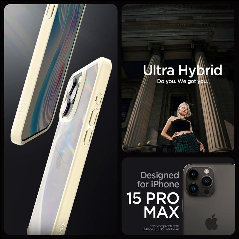 Spigen Crystal Hybrid dėklas, skirtas iPhone 15 Pro Max - skaidrus ir smėlio spalvos