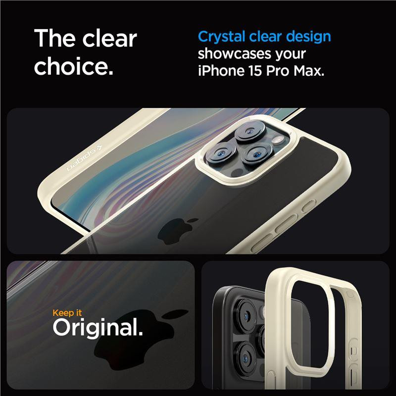 Spigen Crystal Hybrid dėklas, skirtas iPhone 15 Pro Max - skaidrus ir smėlio spalvos
