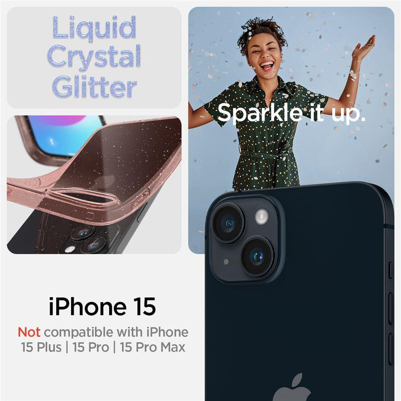 Spigen Liquid Crystal Glitter dėklas iPhone 15 - rožinis ir skaidrus