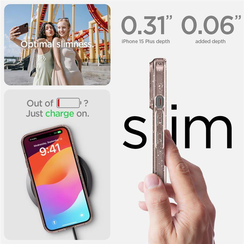 Spigen Liquid Crystal Glitter dėklas iPhone 15 Plus - rožinis ir skaidrus