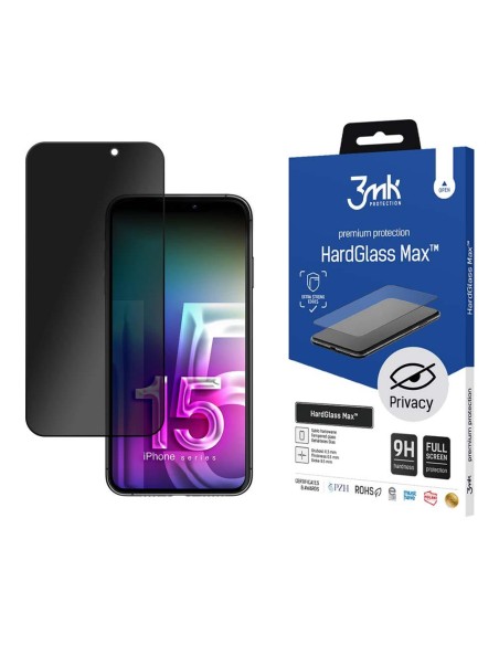 9H 3mk HardGlass Max Privacy™ privatumo stiklas, skirtas iPhone 15 Pro 9H 3mk HardGlass Max Privacy™ privatumo stiklas, skirtas iPhone 15 Pro