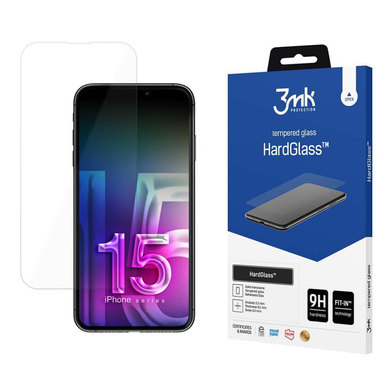 9H 3mk HardGlass™ stiklas, skirtas iPhone 15 Plus