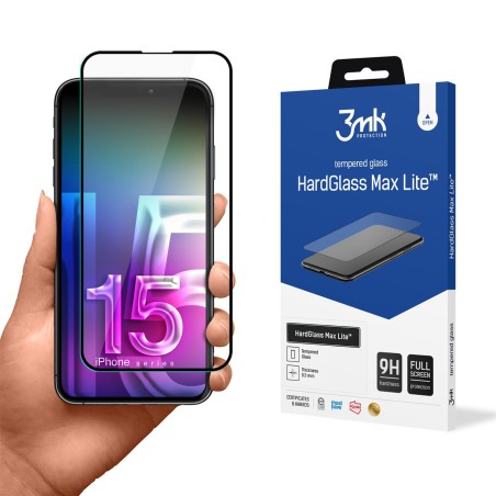 9H 3mk HardGlass Max Lite™ stiklas, skirtas iPhone 15 Plus 9H 3mk HardGlass Max Lite™ stiklas, skirtas iPhone 15 Plus