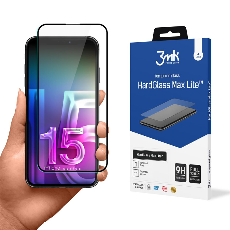 9H 3mk HardGlass Max Lite™ stiklas, skirtas iPhone 15 Pro