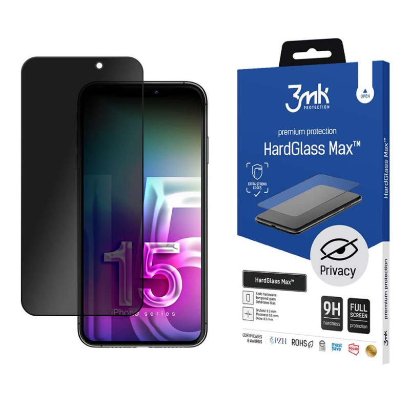 9H 3mk HardGlass Max Privacy™ privatumo stiklas, skirtas iPhone 15 Plus