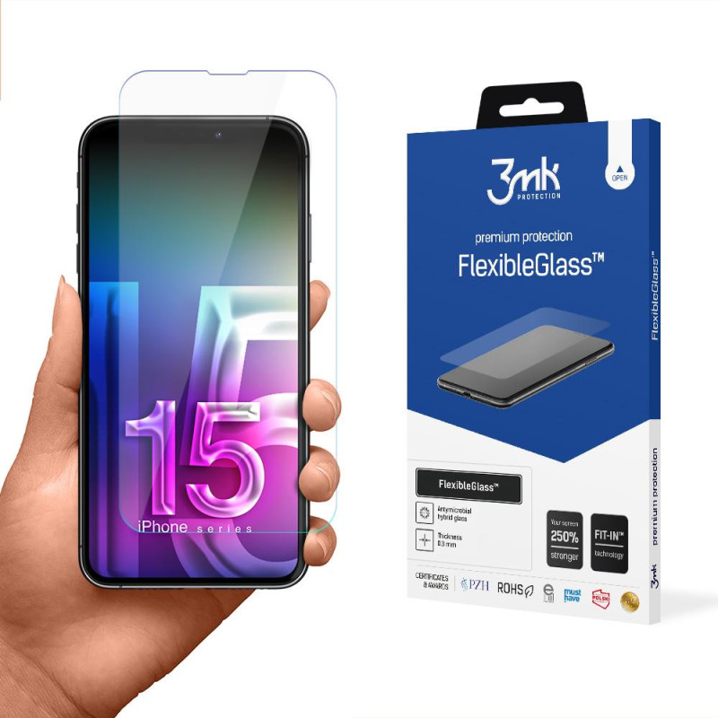 3mk FlexibleGlass™ hibridinis stiklas, skirtas iPhone 15 3mk FlexibleGlass™ hibridinis stiklas, skirtas iPhone 15