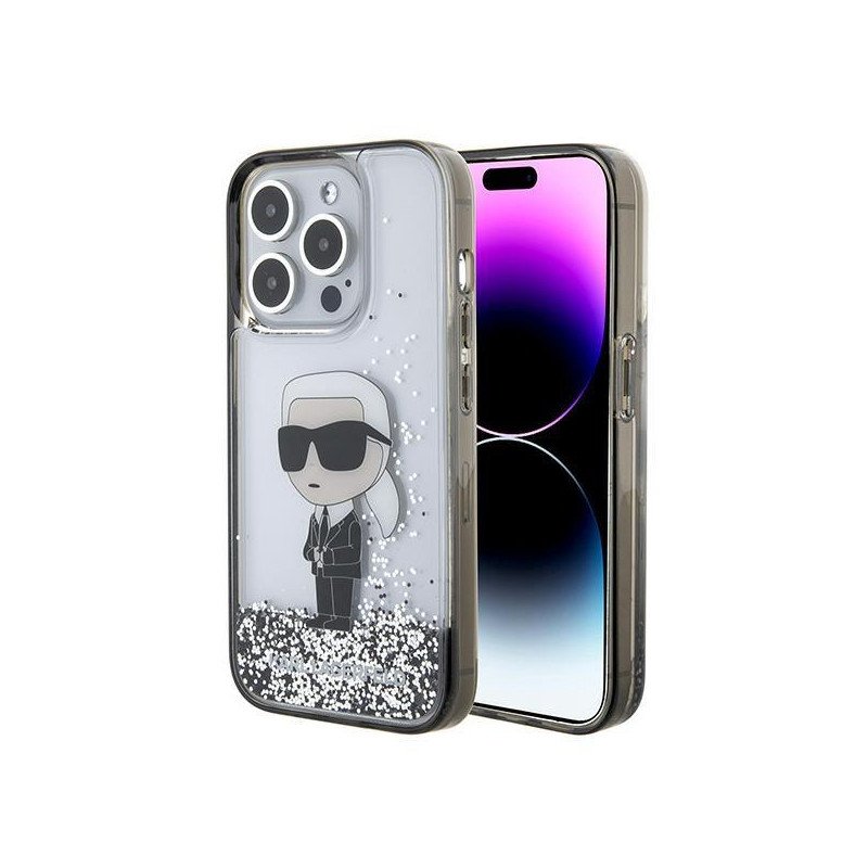 Karl Lagerfeld Liquid Glitter Ikonik dėklas iPhone 15 Pro Max - skaidrus Karl Lagerfeld Liquid Glitter Ikonik dėklas iPhone 15 Pro Max - skaidrus
