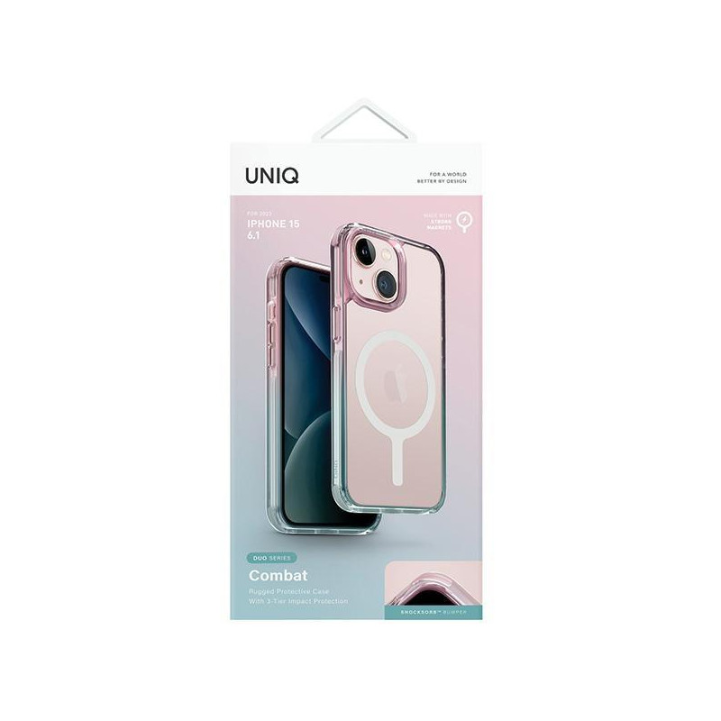 UNIQ Combat Duo Magclick įkrovimo dėklas, skirtas iPhone 15 - mėlynos ir rožinės spalvos