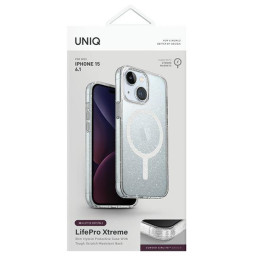 UNIQ LifePro Xtreme Magclick įkrovimo dėklas iPhone 15 - skaidrus ir sidabrinis