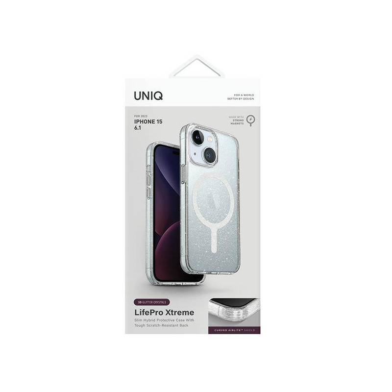 UNIQ LifePro Xtreme Magclick įkrovimo dėklas iPhone 15 - skaidrus ir sidabrinis