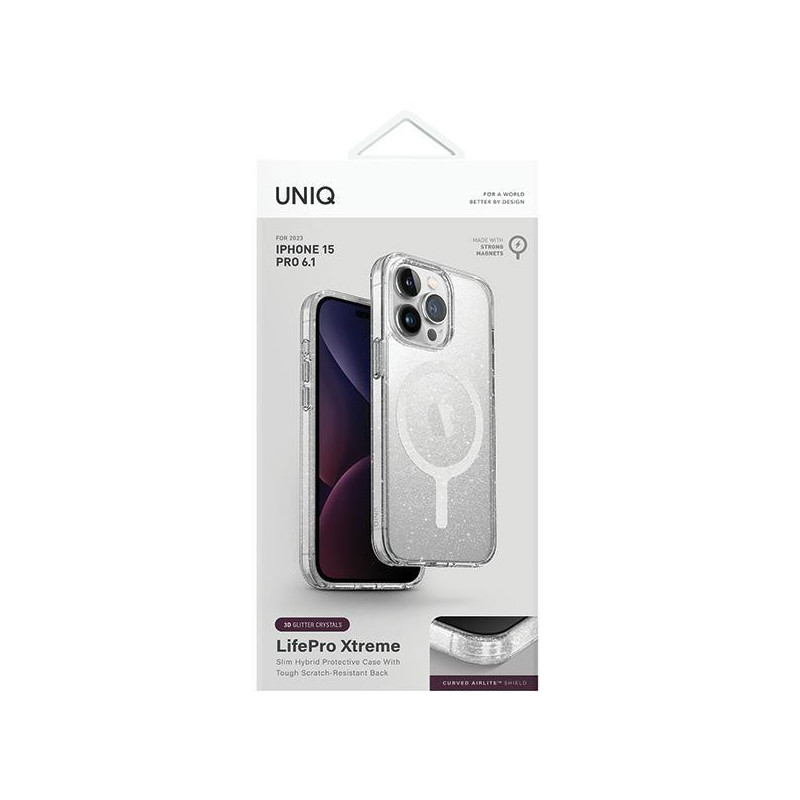 UNIQ LifePro Xtreme Magclick įkrovimo dėklas, skirtas iPhone 15 Pro – skaidrus sidabrinis