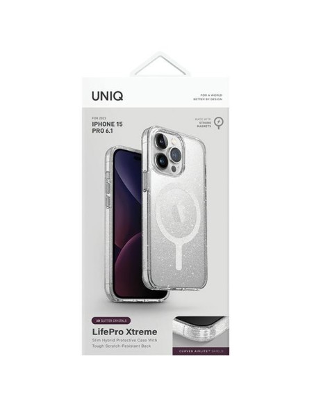 UNIQ LifePro Xtreme Magclick įkrovimo dėklas, skirtas iPhone 15 Pro – skaidrus sidabrinis