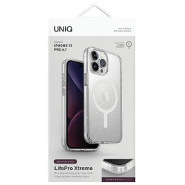 UNIQ LifePro Xtreme Magclick įkrovimo dėklas, skirtas iPhone 15 Pro Max – skaidrus sidabrinis