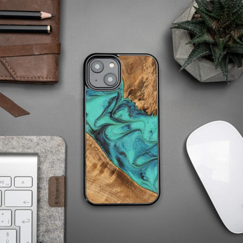 Medinis ir dervos dėklas iPhone 15 Bewood Unique Turquoise - turkis ir juodas