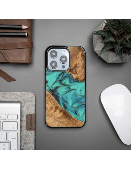Medinis ir dervos dėklas iPhone 15 Pro Bewood Unique Turquoise - turkis ir juodas Medinis ir dervos dėklas iPhone 15 Pro Bewood Unique Turquoise - turkis ir juodas