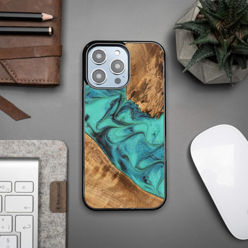 Medinis ir dervos dėklas, skirtas iPhone 15 Pro Max Bewood Unique Turquoise - turkis ir juodas