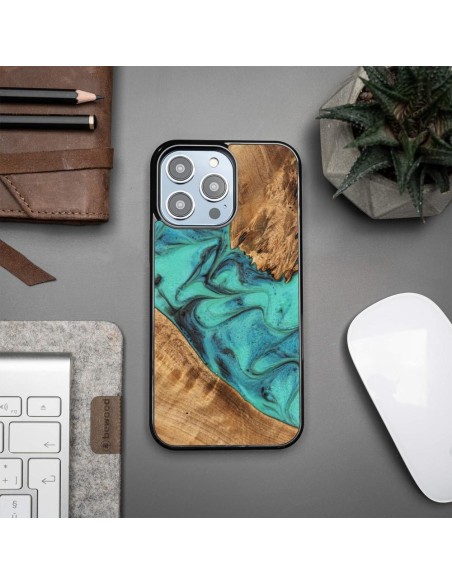 Medinis ir dervos dėklas, skirtas iPhone 15 Pro Max Bewood Unique Turquoise - turkis ir juodas Medinis ir dervos dėklas, skirtas iPhone 15 Pro Max Bewood Unique Turquoise - turkis ir juodas
