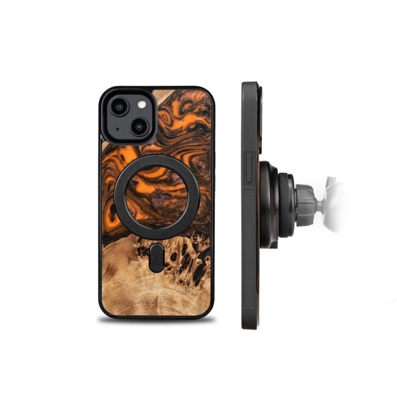 Medinis ir dervos dėklas iPhone 15 MagSafe Bewood Unique Orange - oranžinė ir juoda