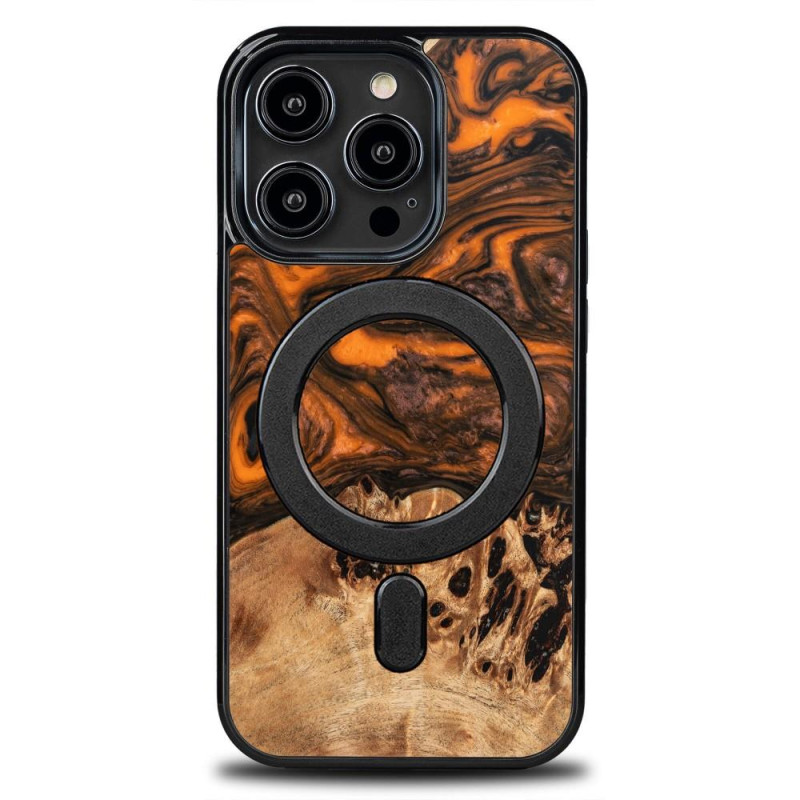 Medinis ir dervos dėklas iPhone 15 Pro MagSafe Bewood Unique Orange - oranžinė ir juoda