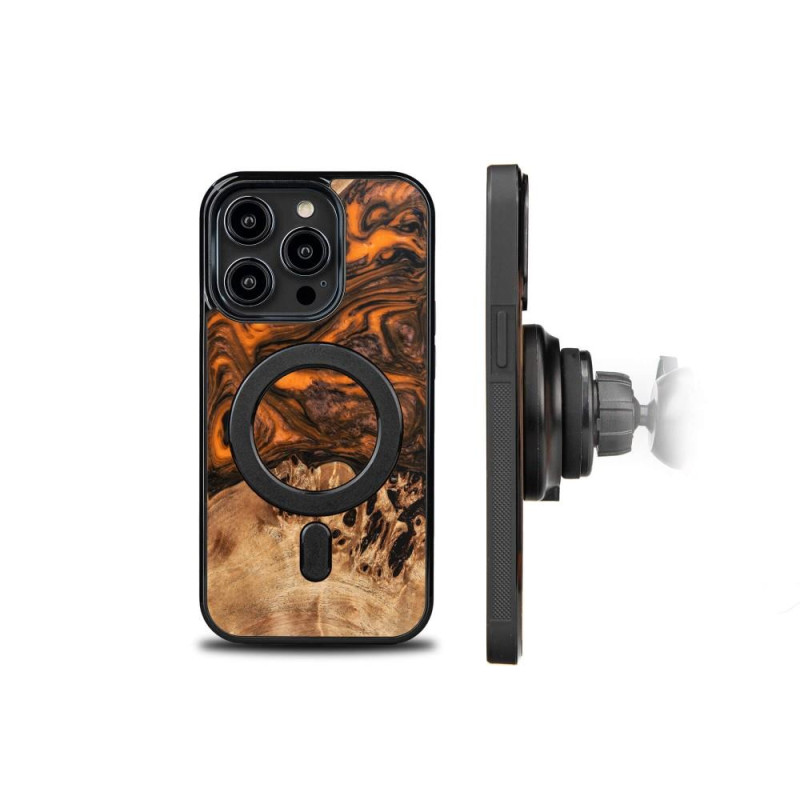 Medinis ir dervos dėklas iPhone 15 Pro MagSafe Bewood Unique Orange - oranžinė ir juoda