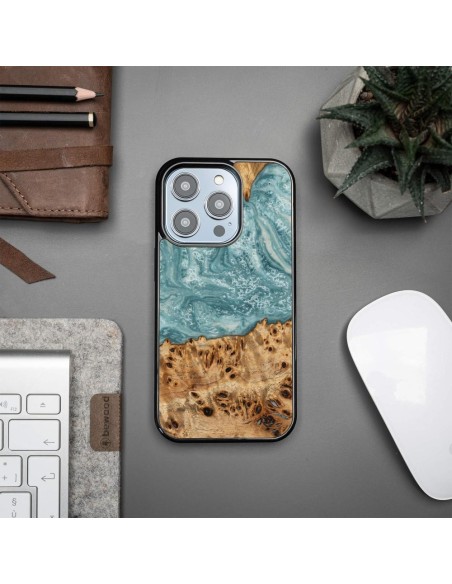 Medinis ir dervos dėklas skirtas iPhone 15 Pro Bewood Unique Uranus - mėlyna ir balta