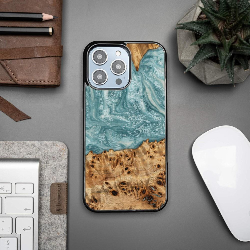 Medinis ir dervos dėklas skirtas iPhone 15 Pro Max Bewood Unique Uranus - mėlyna ir balta