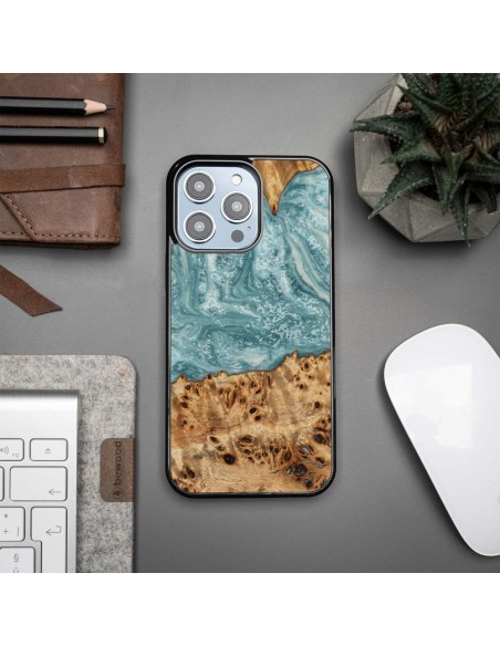 Medinis ir dervos dėklas skirtas iPhone 15 Pro Max Bewood Unique Uranus - mėlyna ir balta Medinis ir dervos dėklas skirtas iPhone 15 Pro Max Bewood Unique Uranus - mėlyna ir balta
