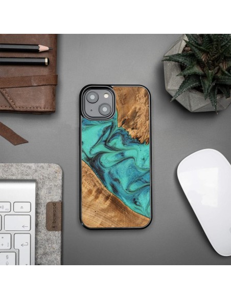 Medinis ir dervos dėklas iPhone 15 Plus Bewood Unique Turquoise - turkis ir juodas