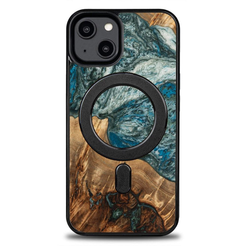 Medinis ir dervos dėklas iPhone 15 Plus MagSafe Bewood Unique Planet Earth - mėlynai žalias Medinis ir dervos dėklas iPhone 15 Plus MagSafe Bewood Unique Planet Earth - mėlynai žalias